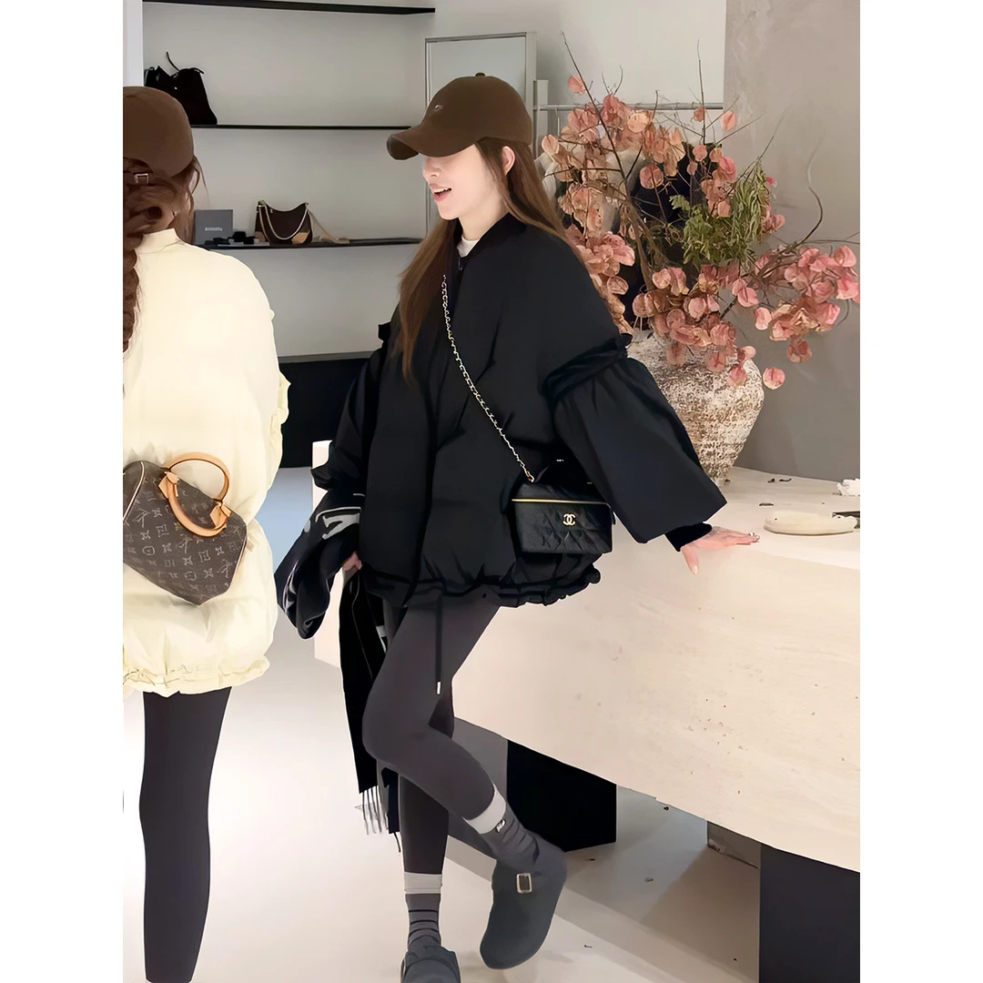 韩系减龄百搭木耳花瓣袖羽绒服女2025冬季新款宽松显瘦白鸭绒外套