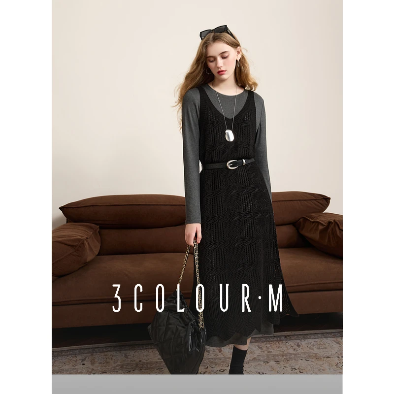 【两件套】三彩2025秋季新款镂空针织罩衫开叉长裙两件套叠穿氛围感