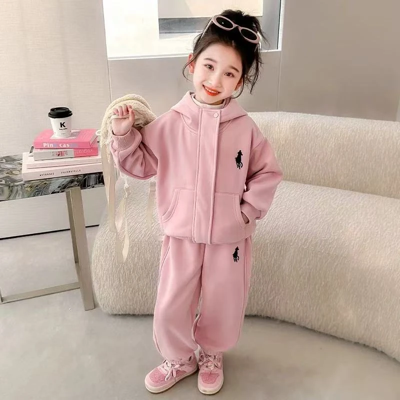 简约纯色女童加绒套装