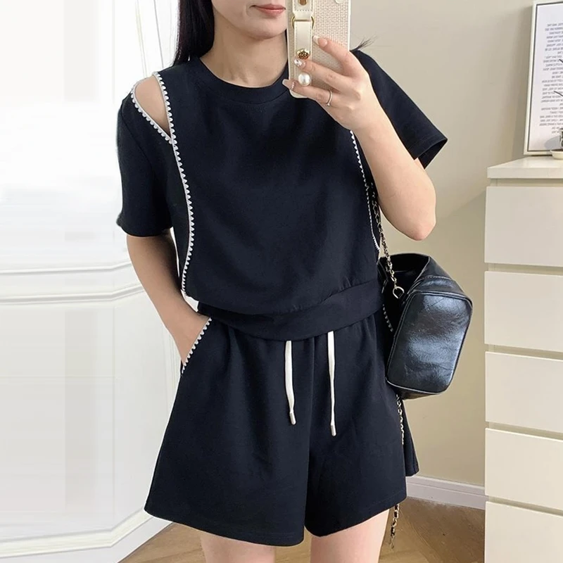 时尚休闲小个子套装女2025年夏季小众露肩上衣高腰短裤显瘦两件套