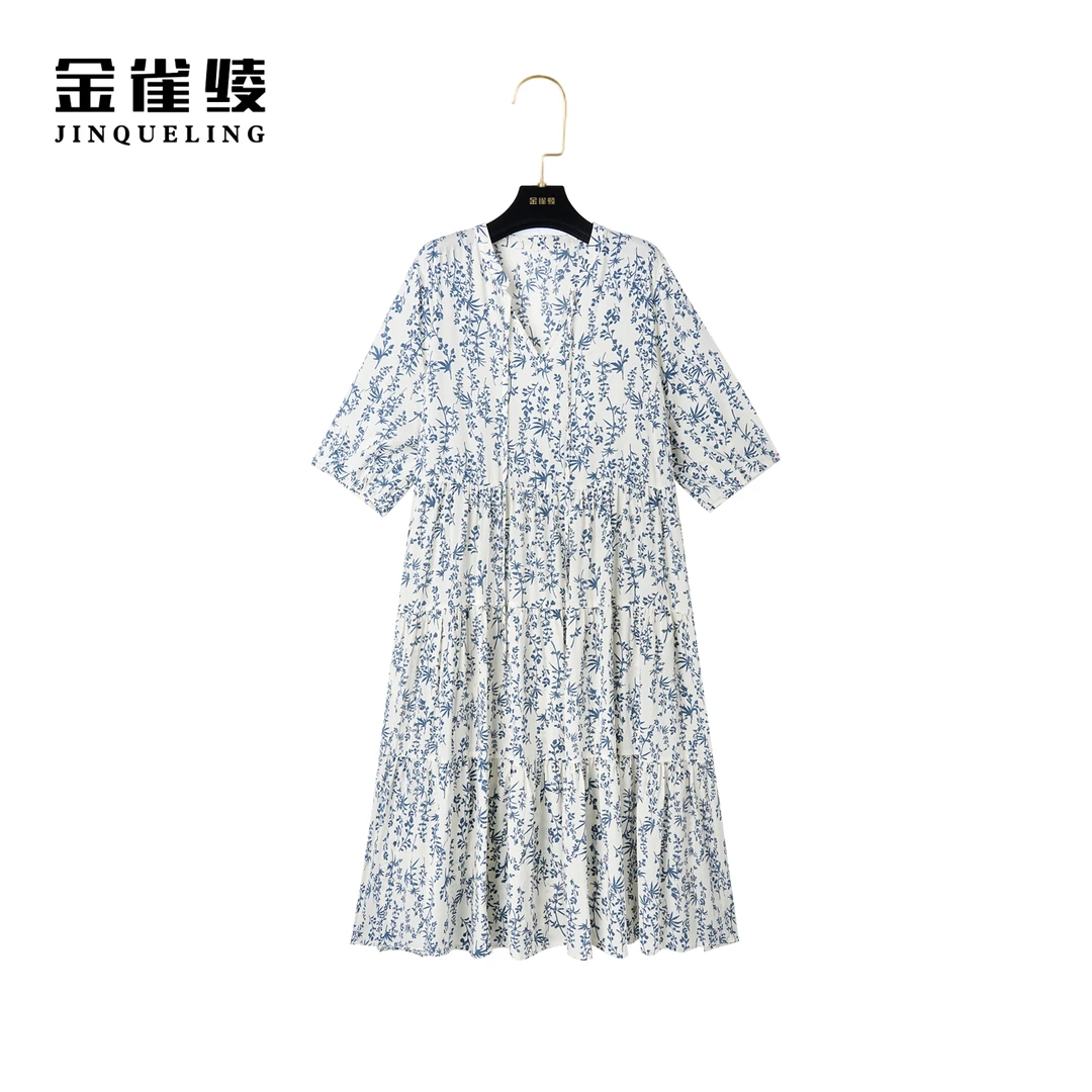 金雀绫【惠兰香】桑蚕丝夏季印花设计师优雅宽松连衣裙AL6057