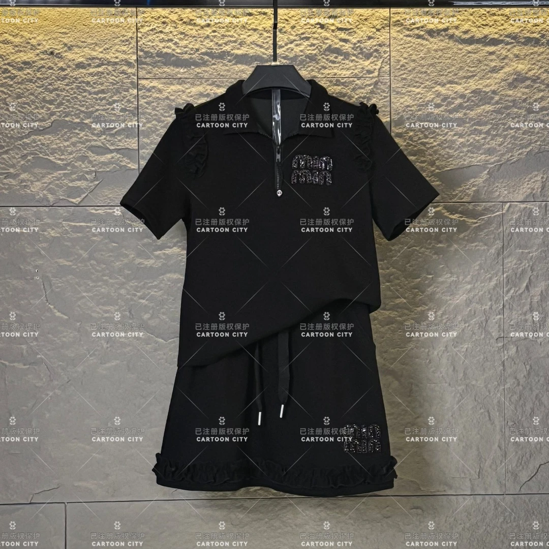 WMA-A394设计师款丨<重工字母>夏季T恤短裙休闲翻领时尚套装