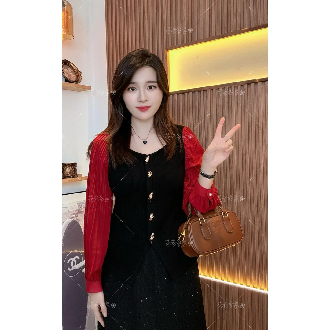 【仅上衣】花老爷微胖大码女装新款拼接风琴褶袖小上衣HLY3563