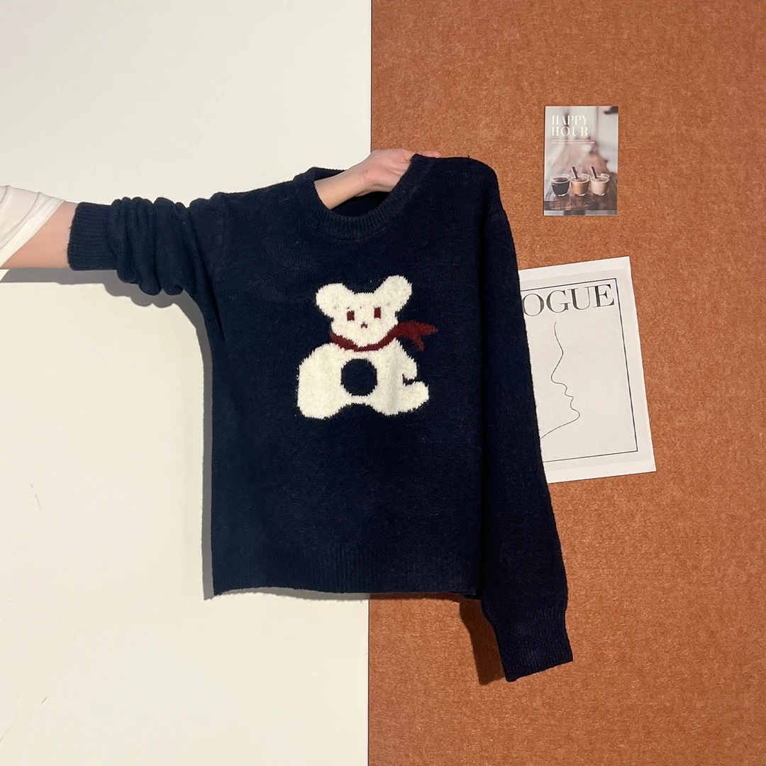 韩式可爱风小熊提花圆领毛衣女冬季宽松慵懒感针织内搭上衣