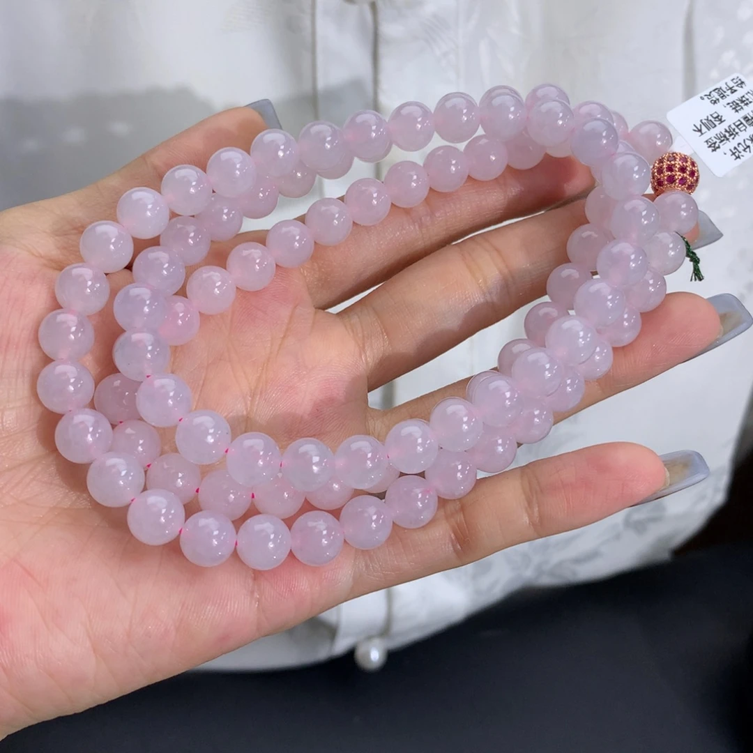 翡翠未镶嵌手串卡8冰胶淡淡冰透粉项链