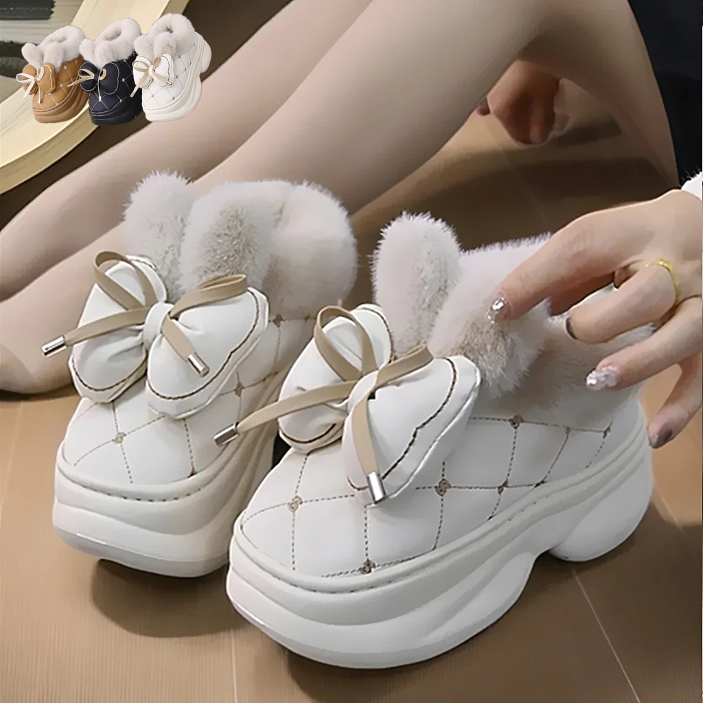 冬季外穿时尚蝴蝶结女款雪地鞋毛绒厚底保暖百搭时尚耐磨棉鞋