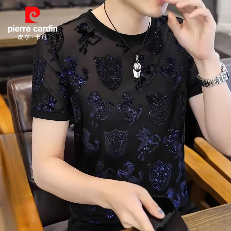 皮尔卡丹冰丝T恤男士短袖网纱镂空薄款冰感速干体恤衫男半袖潮流
