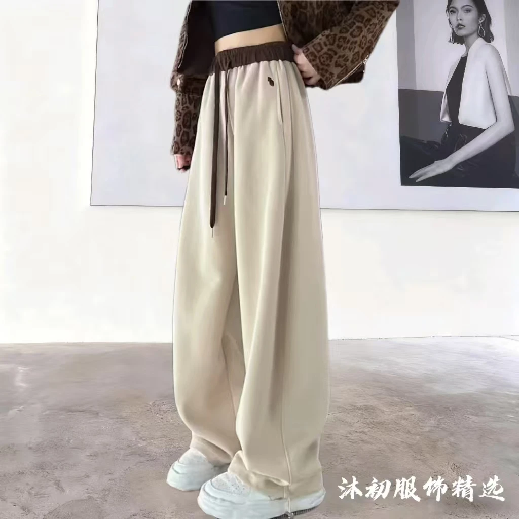 秋季2025新款一裤两穿百搭刺绣小标拼色高腰显瘦弯刀阔腿休闲长裤