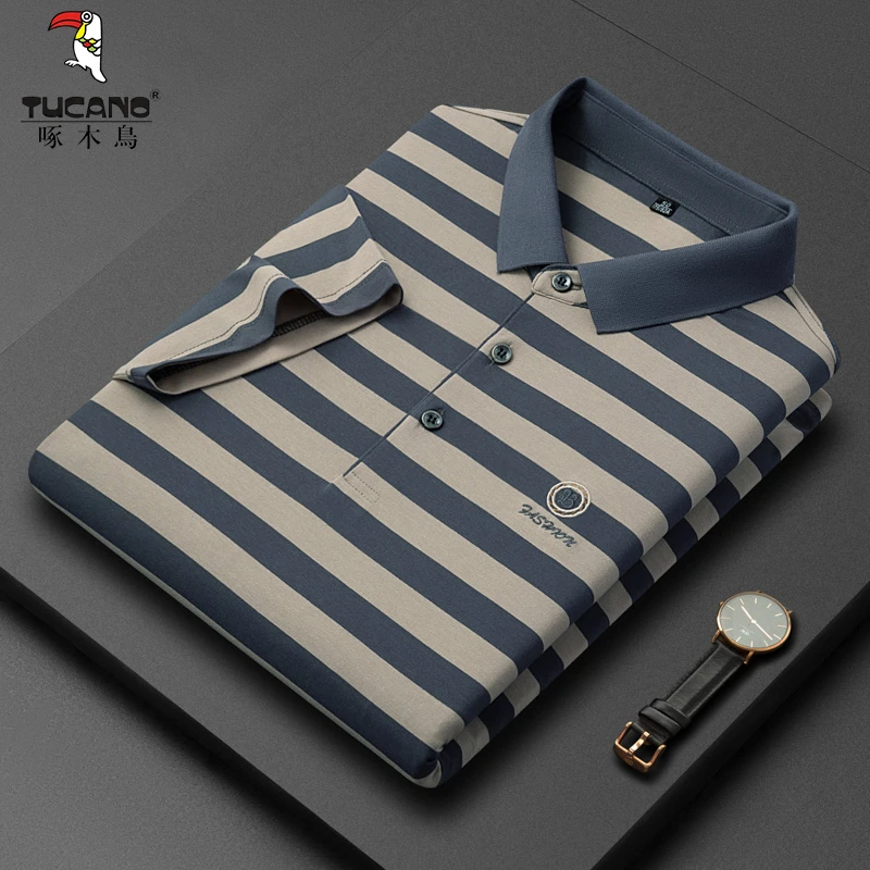 【贡缎冰丝】啄木鸟刺绣翻领POLO衫男士夏季短袖条纹T恤轻奢商务t恤