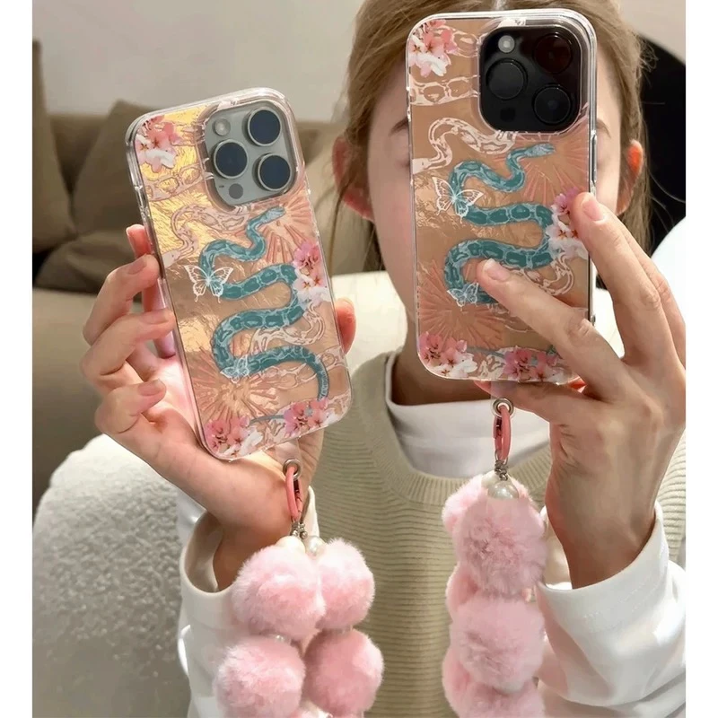 蛇年暴富新款带毛绒挂链粉适用苹果/华为/oppo/vivo国风手机壳