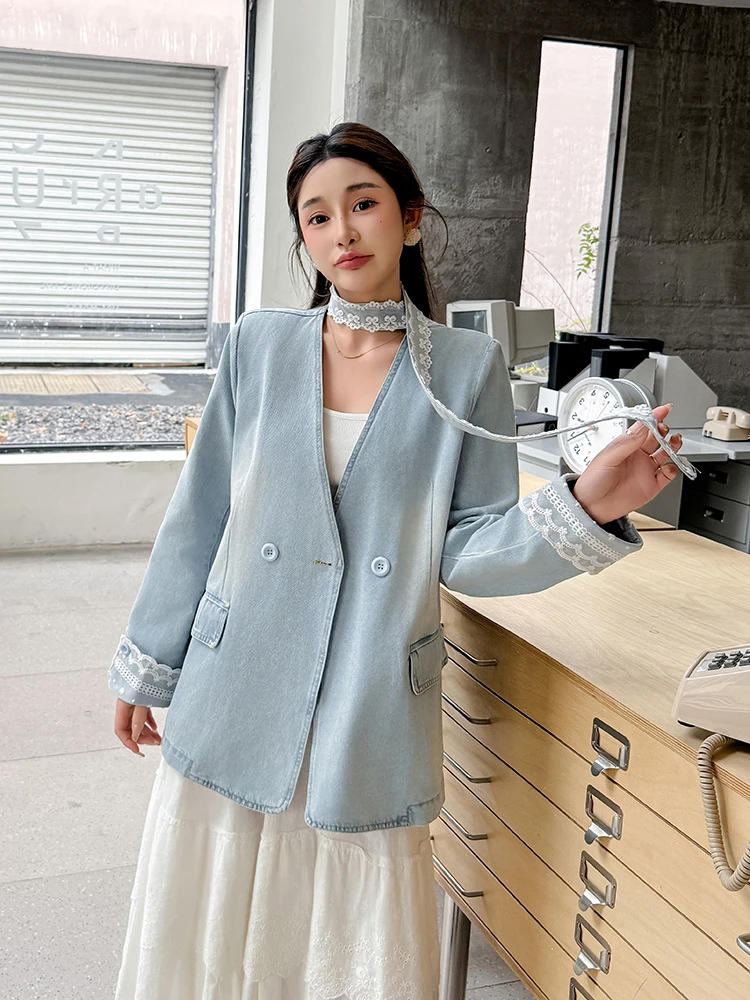 【牛仔衣女2025春季新时尚V领西服蕾丝飘带中长款牛仔西装外套