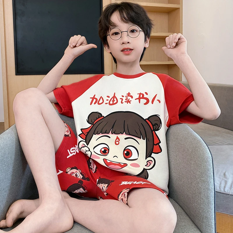 新款男童睡衣薄款纯棉夏季儿童短袖中大童男孩卡通洋气家居服套装