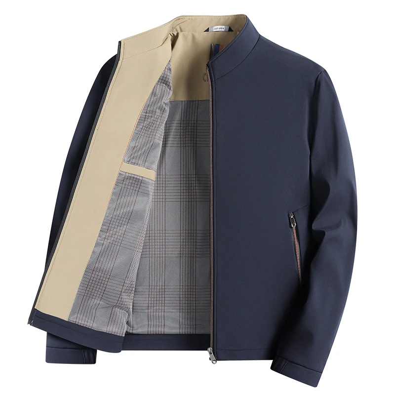 高级男士薄款外套春秋夹克中年休闲日常立领纯色宽松上衣