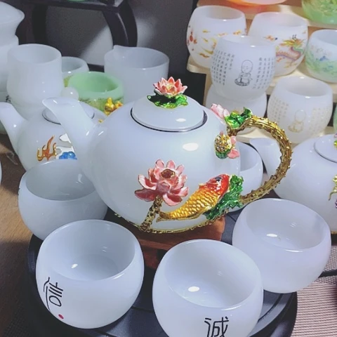 琉璃中式珐琅彩年年有余一壶六杯礼盒套装