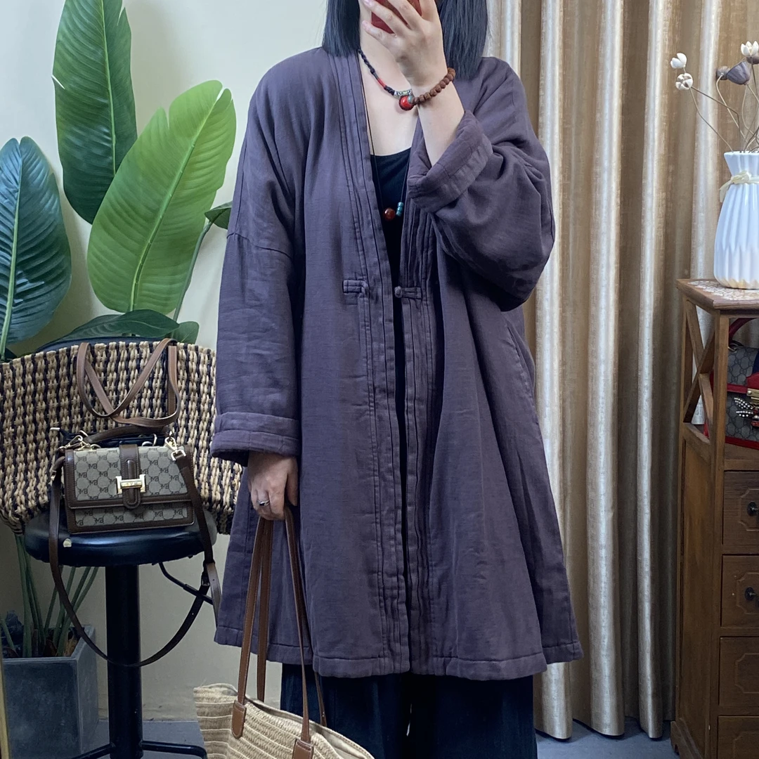 冬季女纯亚麻复古宽松V领老钱风纯色盘扣中长款时尚加厚棉衣