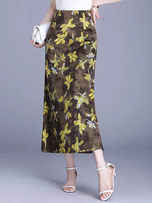 B015 优雅印花长裙半身裙女夏季新款醋酸缎面高腰垂感修身鱼尾裙