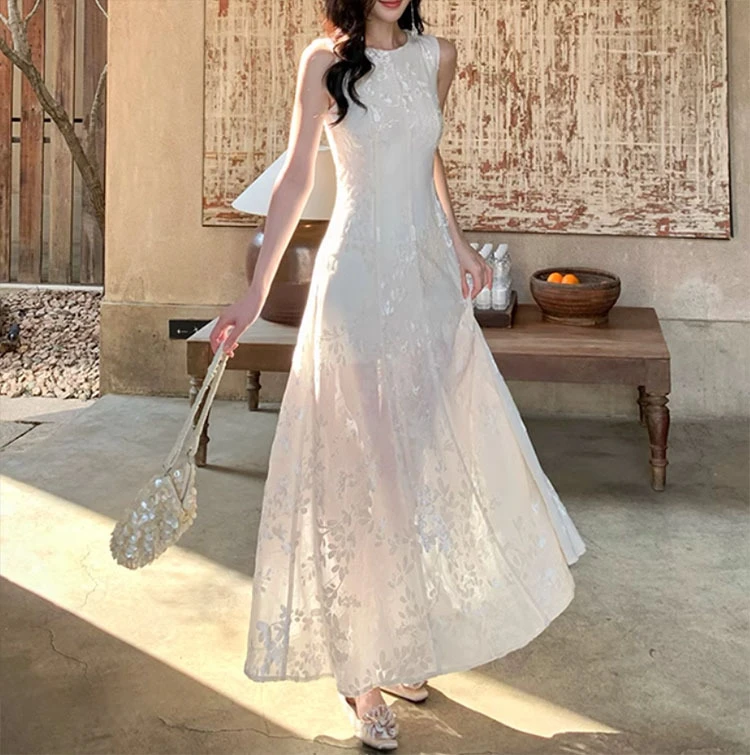 轻奢时尚优雅显贵提花针织春夏轻薄遮肉一字领显瘦连衣裙潮显瘦25