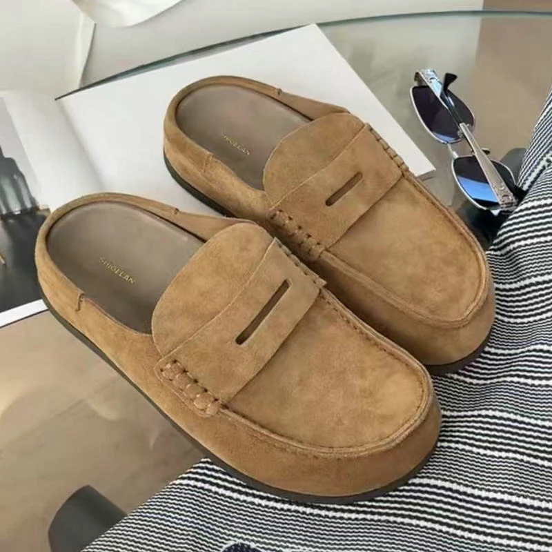 诗歌兰磨砂皮勃肯拖鞋女2025秋新款真皮包头拖一脚蹬懒人鞋8996-1