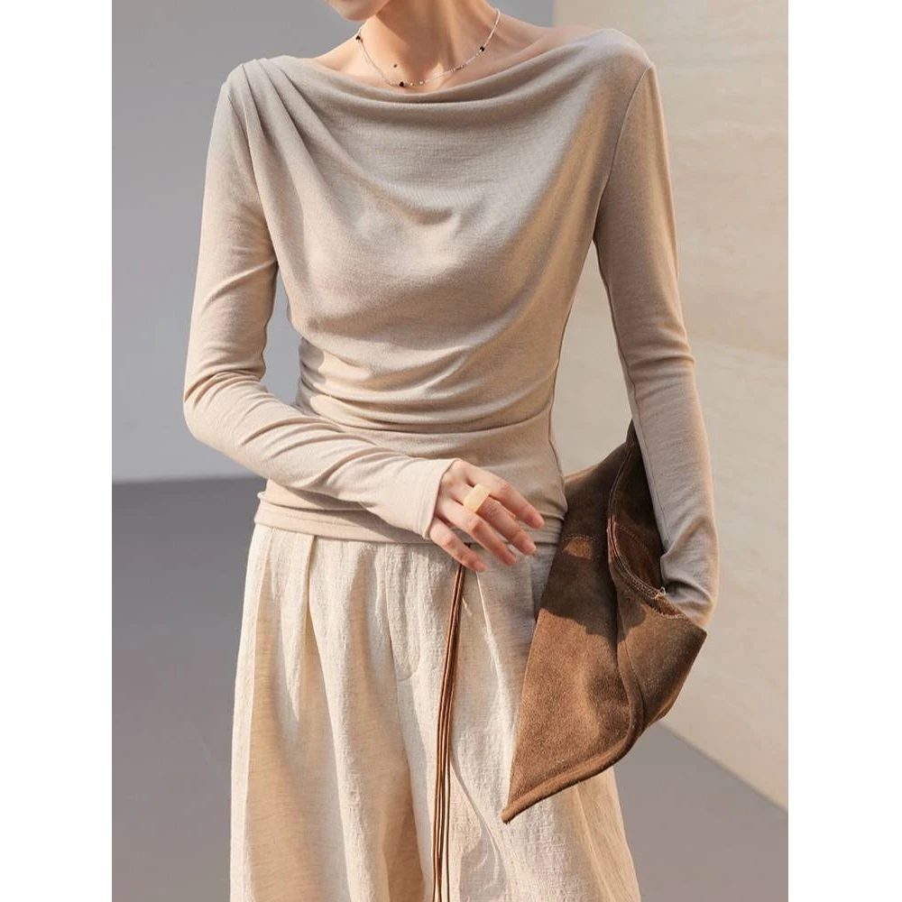 兰精天丝羊毛针织衫一字领时髦荡领打底衫 高级感百搭软糯针织衫