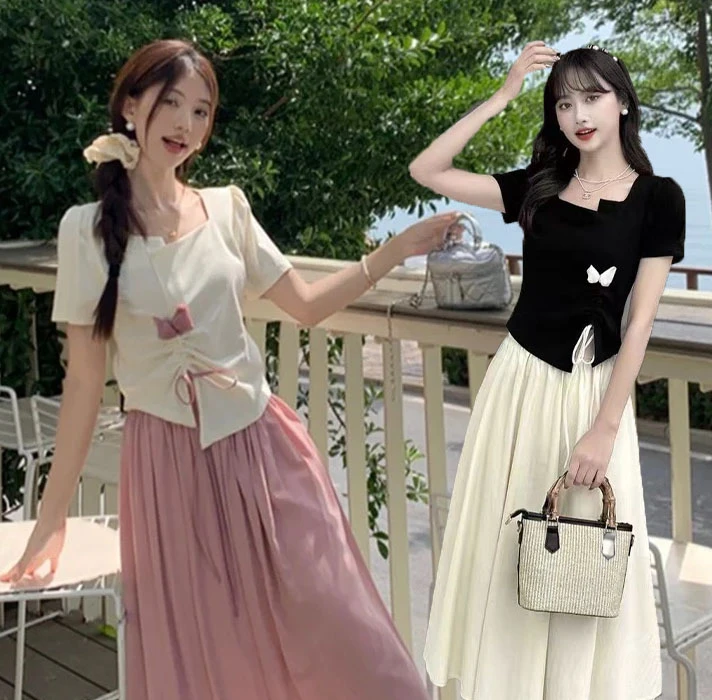 （80-200斤）1胖mm大码时尚设计不规则短袖T恤上衣百搭半身裙1758