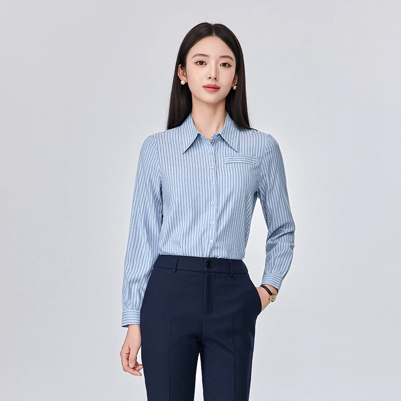 蓝色条纹衬衫女长袖春秋新款简约气场大学生面试通勤内搭翻领衬衣