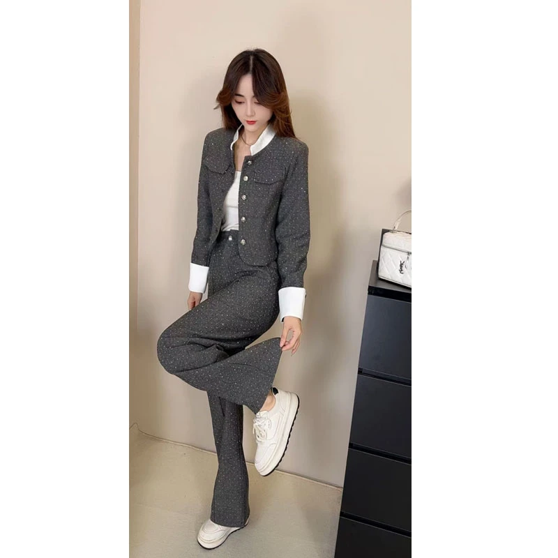 名媛风气质洋气撞色领亮丝小外套女中长款显瘦阔腿裤长裤潮