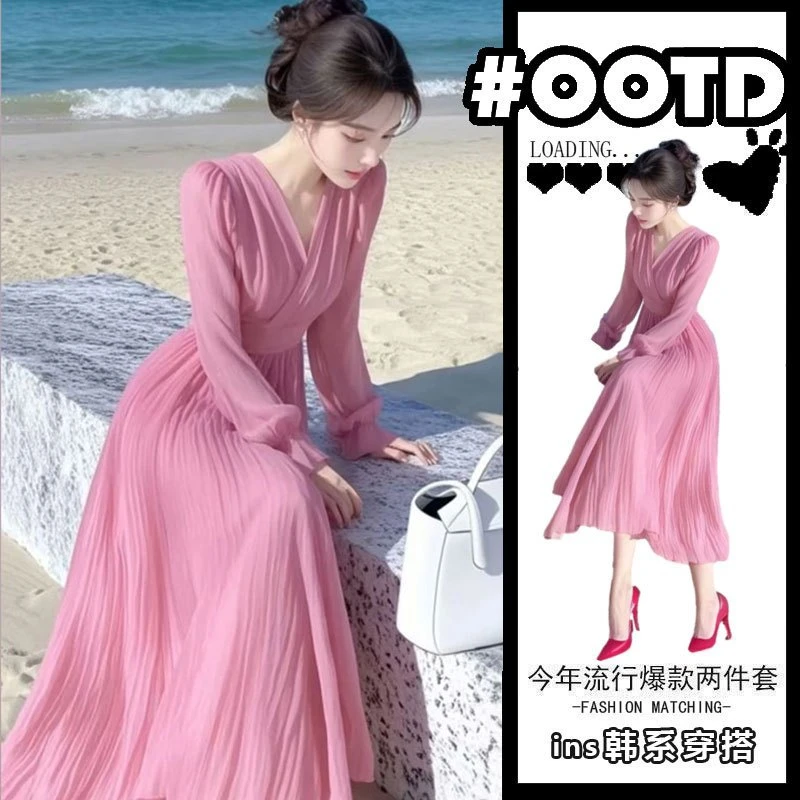 2025春夏新款法式气质高级感独特漂亮度假掐腰粉色长款连衣裙女装