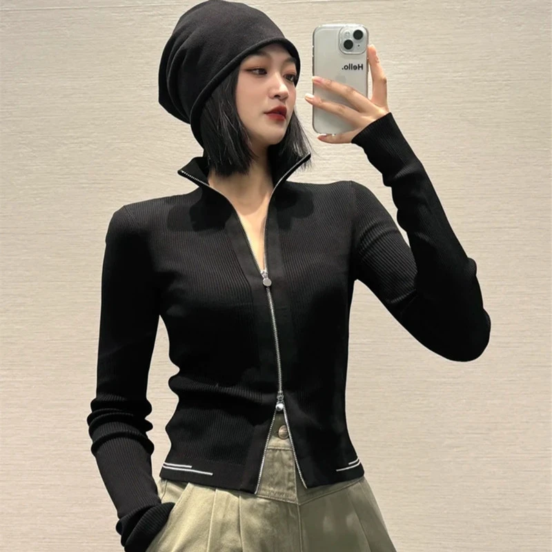 纸片人【商场同款】开衫修身双头拉链立领针织外套女1499233