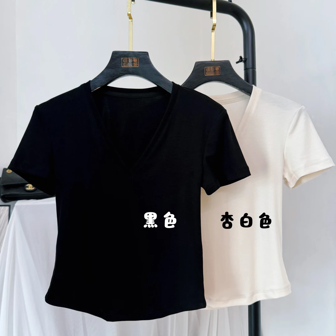 曹掌柜夏季新款精选天丝面料时尚百搭修身显瘦V领T恤