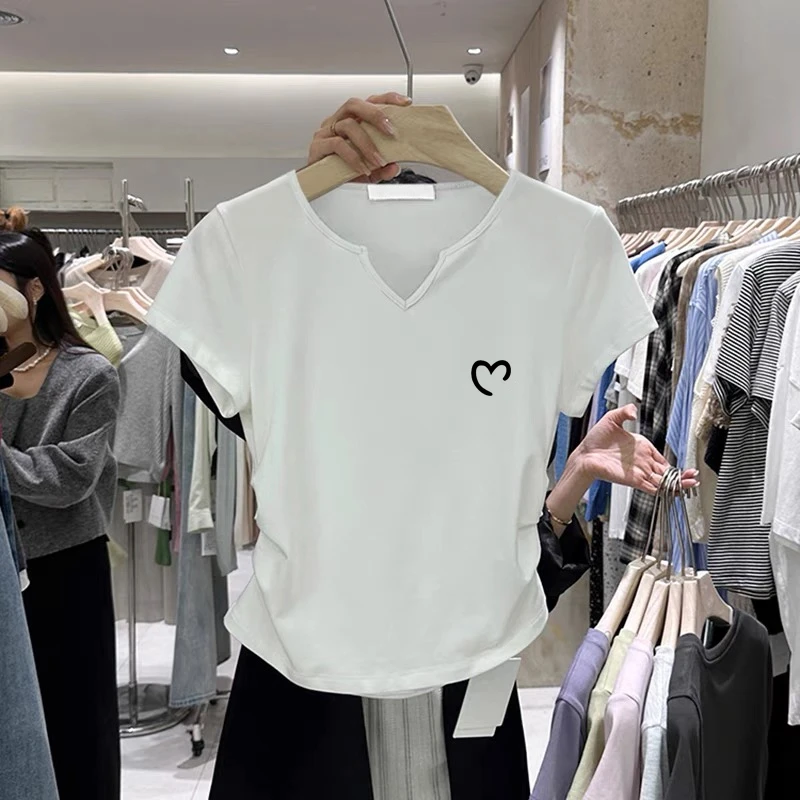 不规则褶皱V领短袖t恤女夏季设计感修身短款小个子正肩体恤上衣