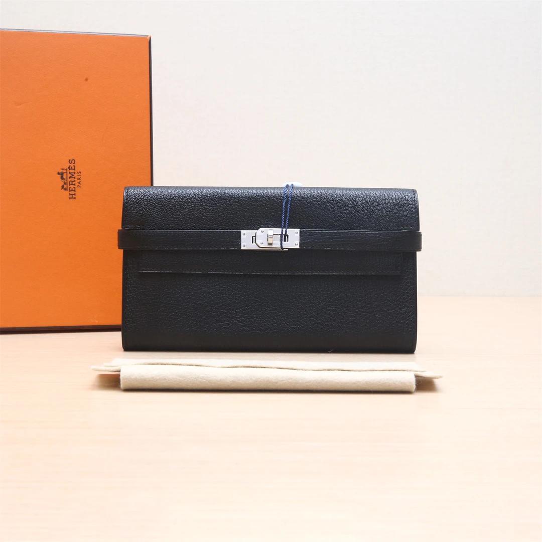 99新 Hermes/爱马仕 小花Jerry Kelly 长款钱包 黑色 山羊皮 框N