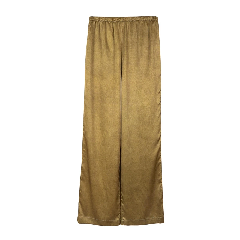 香云纱扎染100%桑蚕丝再姆米抽绳直筒裤（240811）