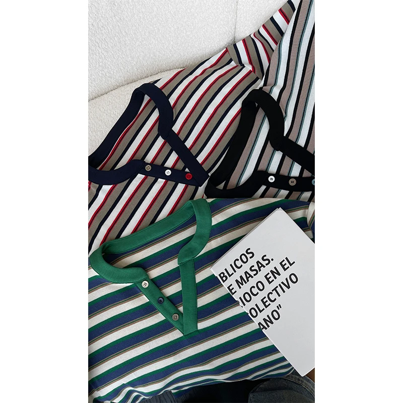 龙叨叨夏季新品美式休闲撞色条纹亨利领短袖T恤男宽松休闲上衣