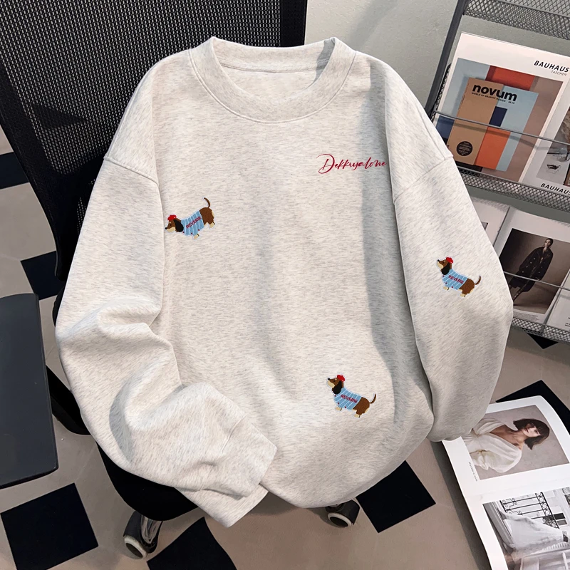 Dekkry韩系可爱腊肠小狗字母印花白灰色秋冬纯棉长袖t恤男女上衣