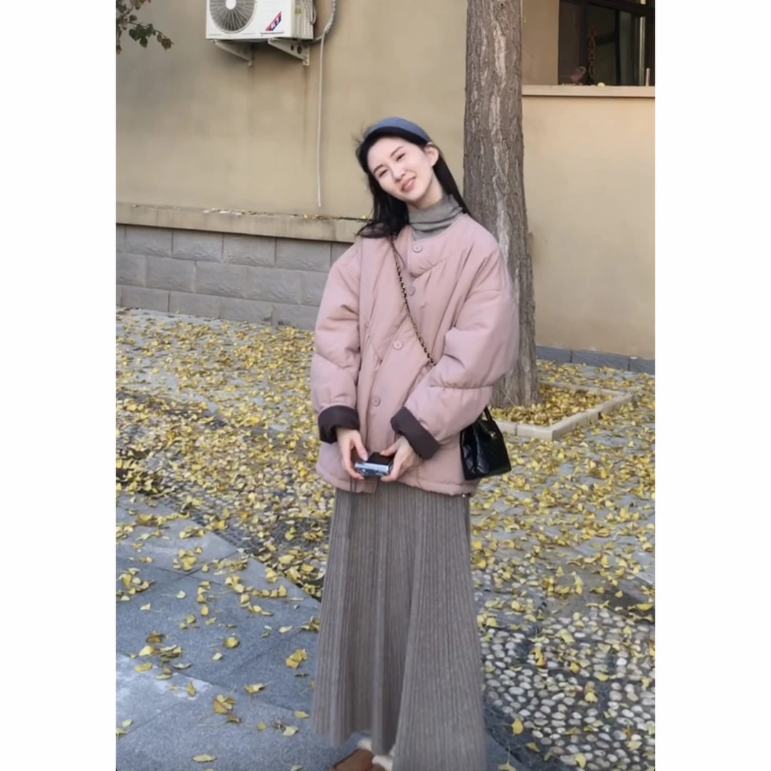 冬季一整套女装2025新款韩版圆领宽松棉服外套打底衫半身裙三件套