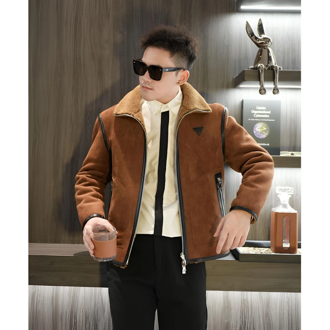 CLL【秋冬限定】轻奢修身翻领加厚潮流羊毛外套休闲可拆卸帽夹克男