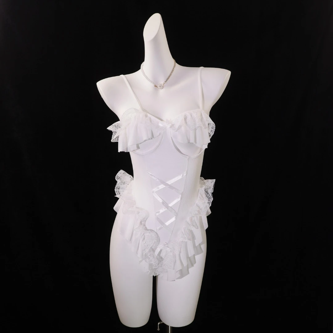 「奶盖缪斯」露背蕾丝网红修身睡裙性感女装ol荷叶边白色奶盖裙连体