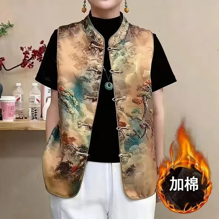中式国风气质马加棉甲女装妈妈背心时尚复古盘扣提花坎肩无袖上衣