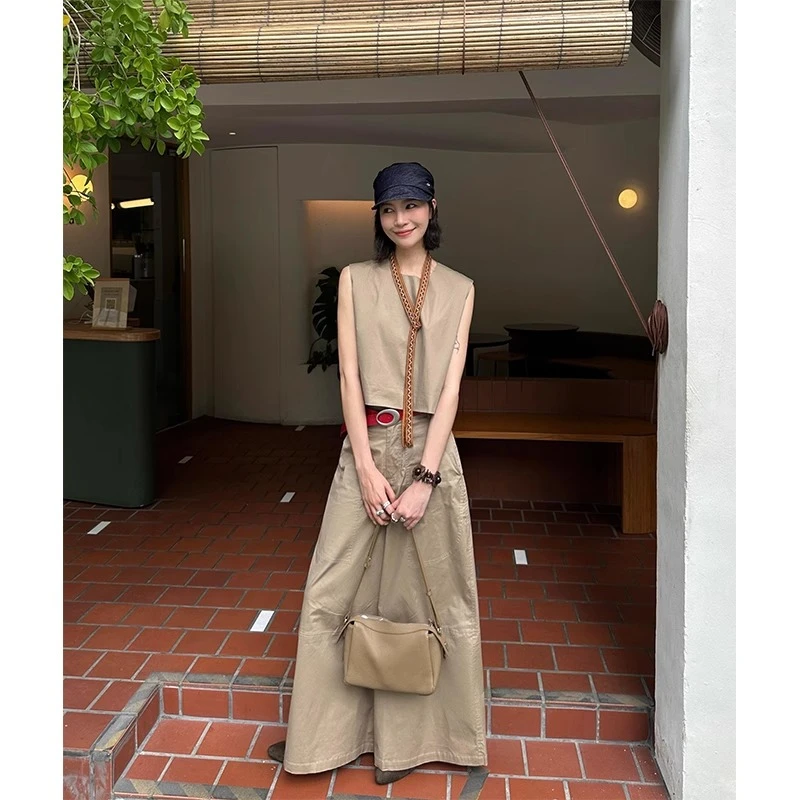 复古气质美式工装风套装女2025夏季显瘦圆领无袖马甲阔腿裤两件套