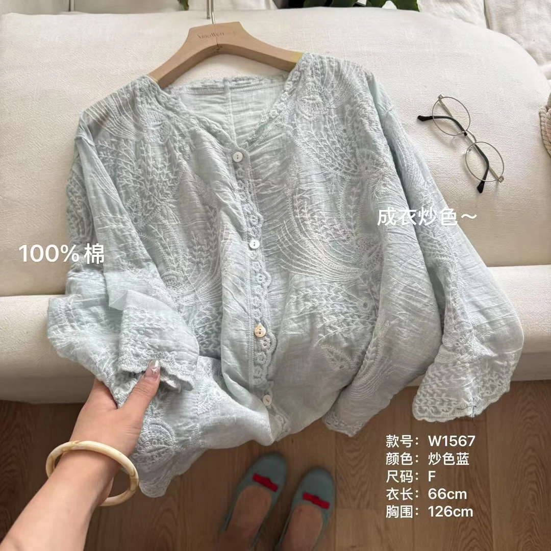 小文姐 W1567-夏季休闲百搭成衣炒色设计款通勤做旧系扣开衫