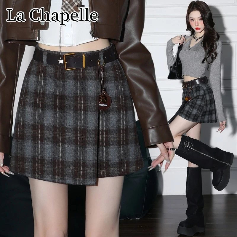 拉夏贝尔秋冬复古格纹毛呢半身裙百搭高腰显瘦防走光a字包臀短裙