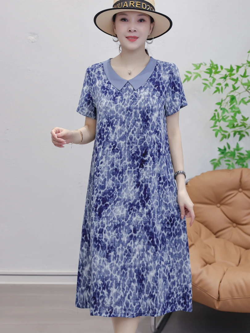 蓝纹逸裙时尚气质碎花连衣裙夏季宽松显瘦裙子