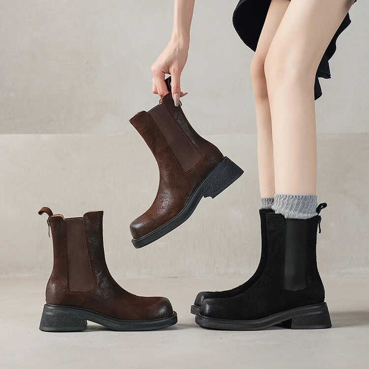 4.5cm~秋冬新款真皮短靴女厚底方头软底切尔西靴英伦风显瘦烟筒靴