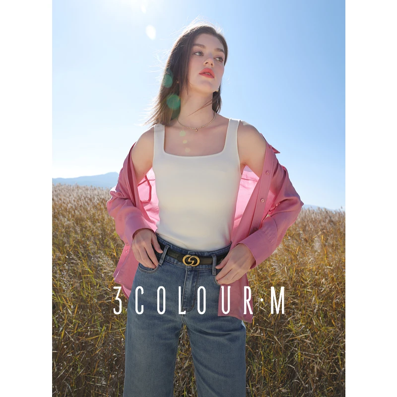 三彩2025春季新款坑条针织背心方领修身显瘦毛衫套头内搭短款M