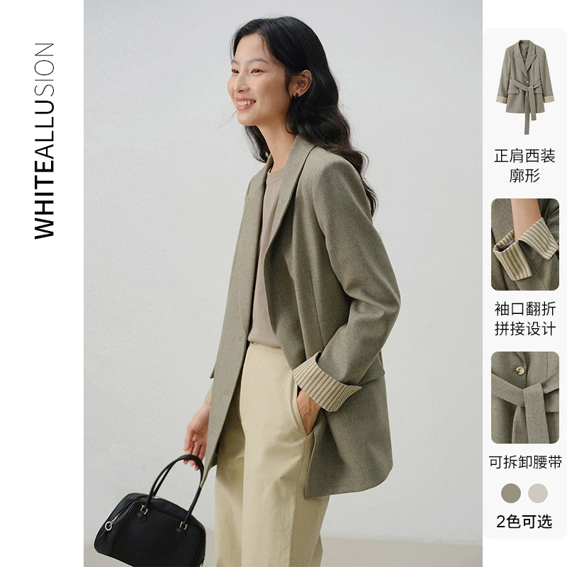 素典设计感条纹翻袖外套2025春季新款高级感气质通勤收腰西服3082