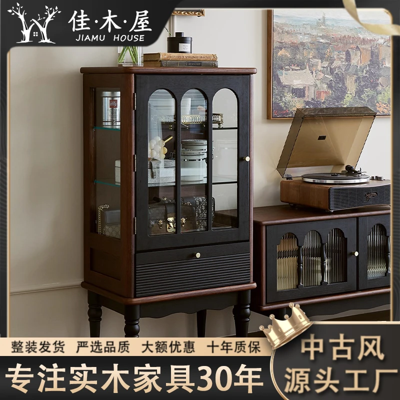 法式复古玻璃门实木酒柜客厅家用美式展示柜储物柜电视柜旁边柜子