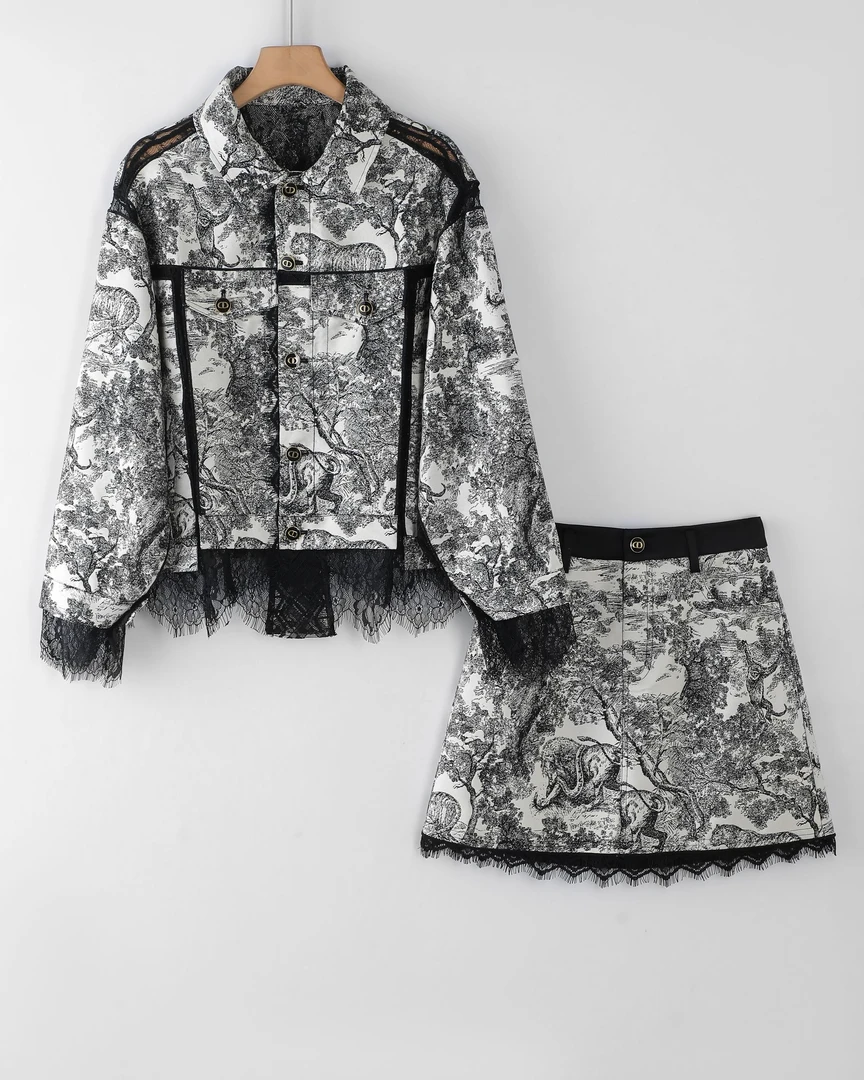 秋冬新款CD家时尚套装女蕾丝拼接小众轻奢风衣服女0451