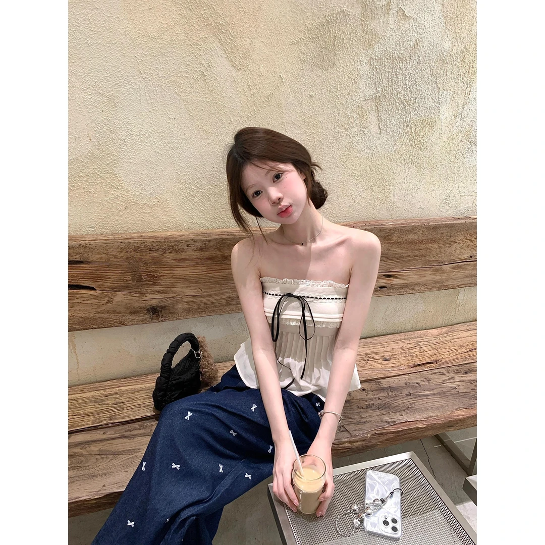 韩系穿搭辣妹纯欲风无肩带抹胸上衣女夏季薄款宽松牛仔裤阔腿裤