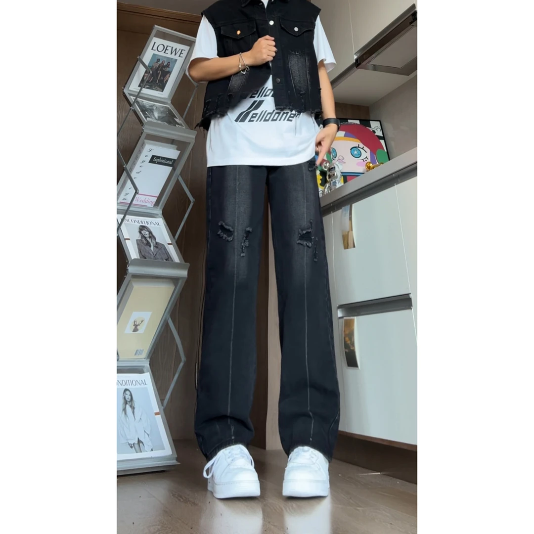 夏季复古美式牛仔裤裤子显瘦阔腿裤中腰宽松百搭薄款高街男DY289