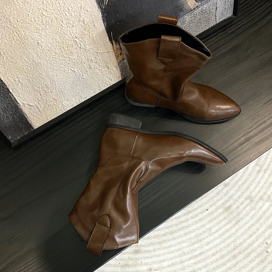 DENGDAHA 棕色中长筒靴女不过膝v口骑士靴尖头西部牛仔靴